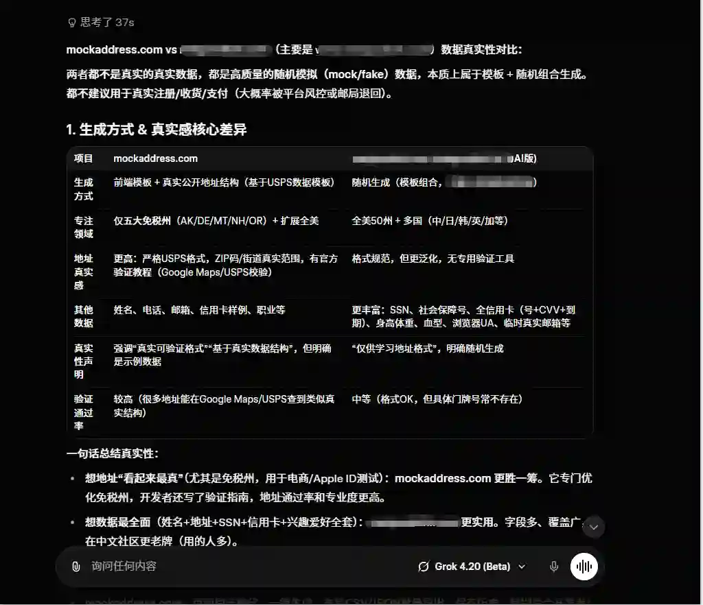 Grok 4.2 对mockaddress网站评价：真实，可靠性超过友商